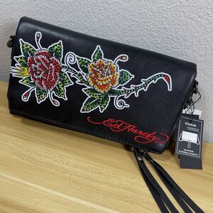 ED HARDY Folded Clutch / Crossbody Bag Purse Y2K Black Red Rhinestone Roses NEW